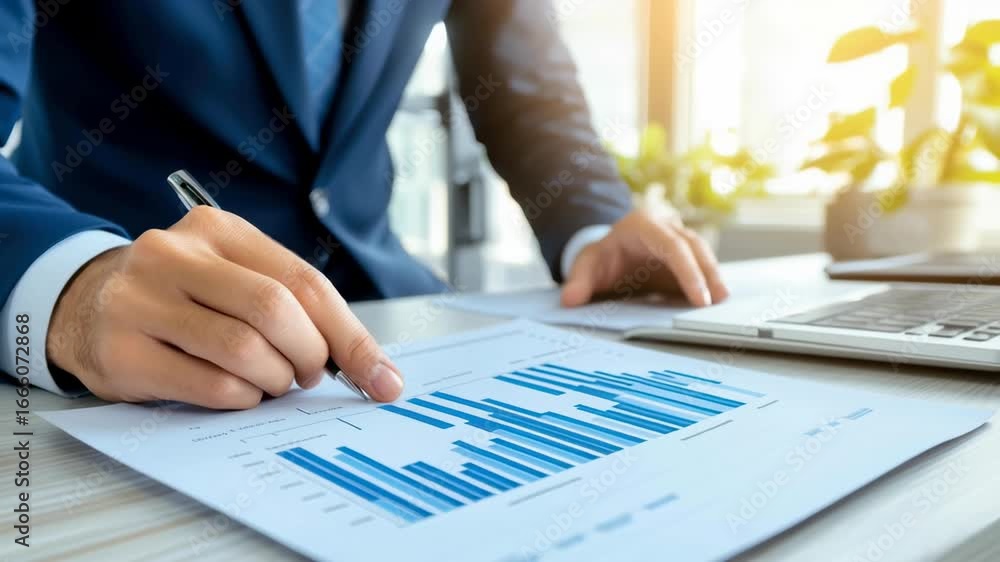 Poster business professional analyzing financial data insights from graphs, charts, and performance metrics
