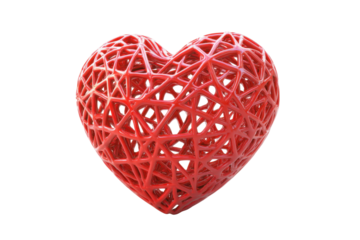Intricate red woven heart sculpture isolated on transparent background. Red heart shaped isolated on white background, 3d rendering.