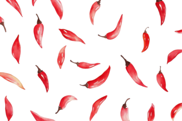Red chili peppers scattered on a black background isolated on transparent background. Red hot chili peppers watercolor isolated on white background.