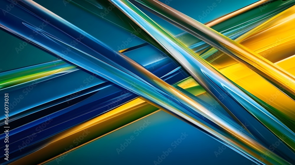 Poster intersecting vibrant lines of blue, gold, and green create a dynamic abstract design.