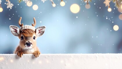a charming winter scene featuring a deer wearing a hat and looking out a window, framed by twinkling lights and snowflakes. It evokes a sense of holiday warmth and cheer.