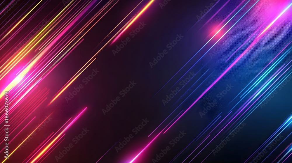 Poster dynamic abstract design featuring vibrant diagonal neon light streaks against a dark background.