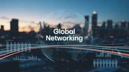 Global Networking: A futuristic visual composition of global networking, showcasing a web of interconnected lines forming a globe over a blurred city background.