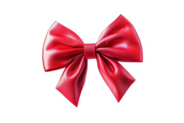Shiny red ribbon bow isolated on transparent background. Red ribbon bow floating isolated on white background.