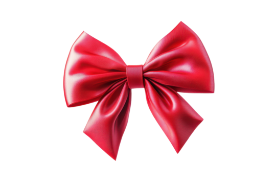 Shiny red ribbon bow isolated on transparent background. Red ribbon bow floating isolated on white background.