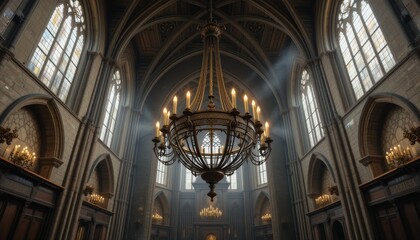 Naklejka premium Grand chandelier hanging in an ornate gothic hall