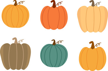 Colorful pumpkin vector illustration bundle in orange, yellow, cream, and green tones. Perfect for autumn, fall, harvest, Halloween, Thanksgiving, and seasonal designs.
