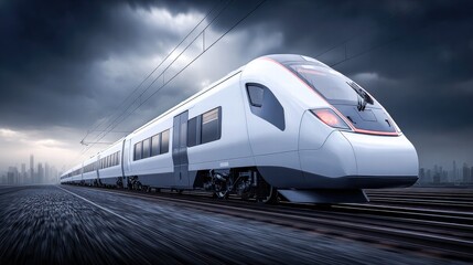 Fototapeta premium A sleek, high-speed train races along the tracks towards a distant city under a dramatic sky.
