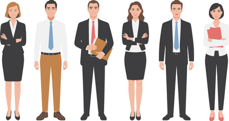 Professional business team in formal office attire, corporate group illustration with confident men and women in workplace clothing