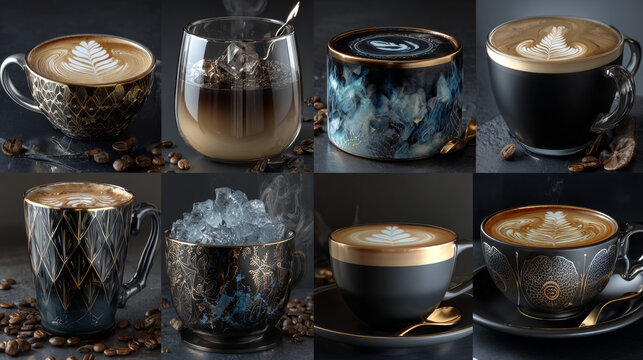 set of coffee latte art vector illustration. latte art collection, espresso, cappuccino americano, black coffee