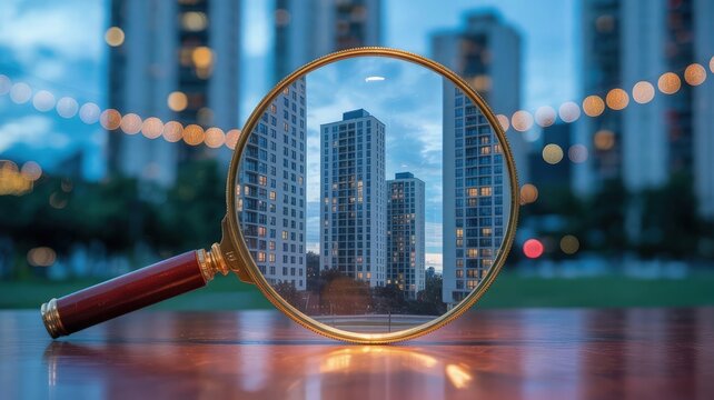 Magnifying Glass Perspective: A unique perspective reveals a city through a magnifying glass, highlighting urban exploration and detail with clarity.