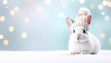 Obraz premium a cute rabbit wearing a knitted hat, with a blurred background of bokeh lights and snow