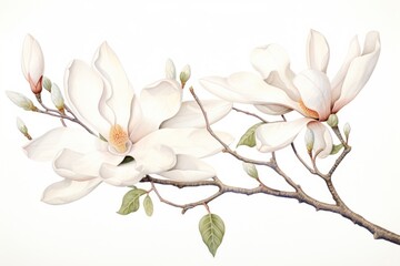Fototapeta premium Botanical illustration blooming magnolia flower blossom plant.