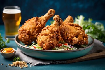Crispy Fried Chicken Drumsticks on Blue Plate with Beer