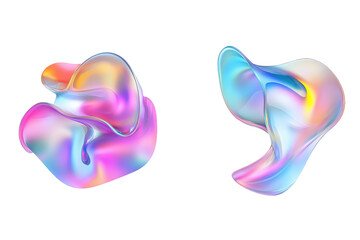 Two abstract iridescent fluid shapes isolated on transparent background. Set of abstract shapes gradient freeform shape form fluid isolated on white background, 3d rendering.