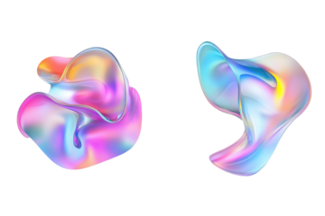Two abstract iridescent fluid shapes isolated on transparent background. Set of abstract shapes gradient freeform shape form fluid isolated on white background, 3d rendering.