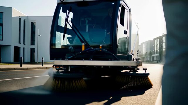 Street sweeper cleaning urban road with water spray, maintaining city infrastructure and public hygiene, footage