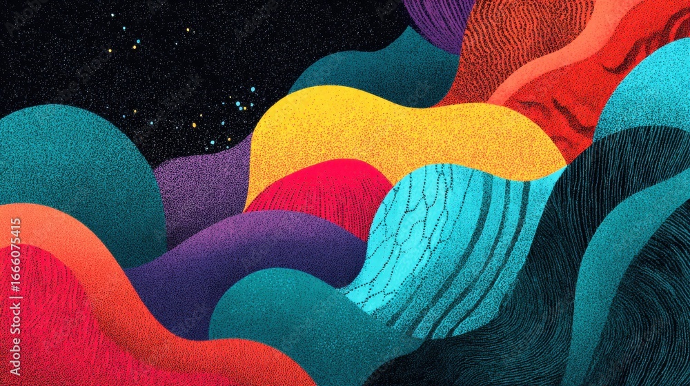 Poster a colorful abstract design of textured shapes with a celestial backdrop.