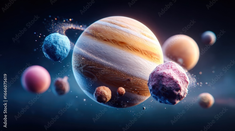 Poster planets and asteroids float in a colorful, dreamy display of a cosmic scene.