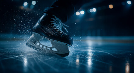 Close-up image capturing the elegance and raw energy of an ice hockey player mid-turn, highlighting blade grip and icy spray.