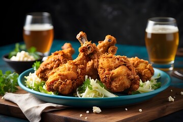 Crispy Fried Chicken Drumsticks on Blue Plate with Beer