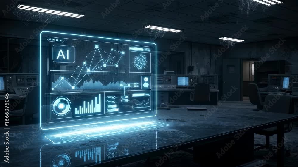 Aufkleber digital ai display with data analytics and networking graphs in a dark, empty office environment, te