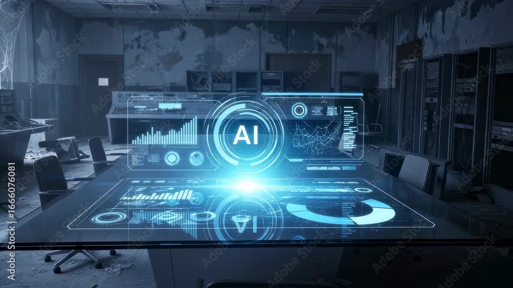 Aufkleber ai data projections on conference table in abandoned server room with futuristic analytics interface
