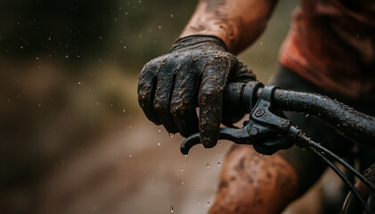 Extreme close-up of a mud-covered gloved hand gripping a mountain bike handlebar during a rainy off-road ride, showcasing raw effort and control.