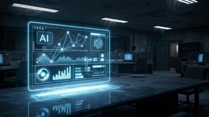 Digital AI display with data analytics and networking graphs in a dark, empty office environment, technology footage - Powered by Adobe