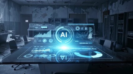 AI data projections on conference table in abandoned server room with futuristic analytics interface, technology footage. - Powered by Adobe