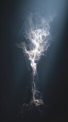 Ethereal smoke rises, illuminated from above, creating a mysterious, otherworldly atmosphere
