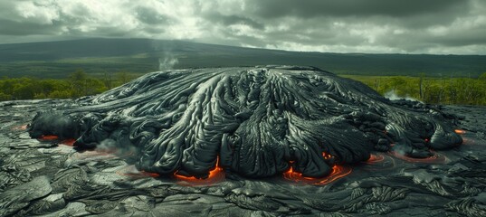 Breathtaking volcanic terrain with glowing lava rivers illuminating the night sky