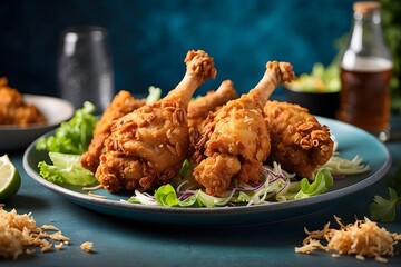 Crispy Fried Chicken Drumsticks on Blue Plate with Beer