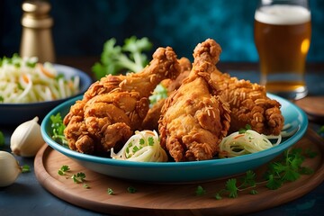 Crispy Fried Chicken Drumsticks on Blue Plate with Beer