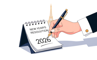 Writing new year's resolutions for 2026 with the eiffel tower in the background