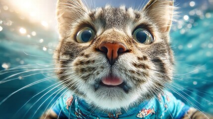 Naklejka premium A funny cat swimming underwater, with a surprised and silly expression on its face.
