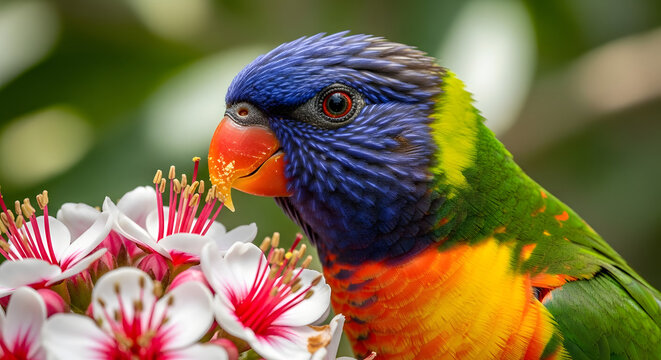Vibrant rainbow lorikeet perched near delicate flowers, its colorful plumage contrasting with the soft white petals and creating a visually stunning wildlife photograph featuring nature's beauty