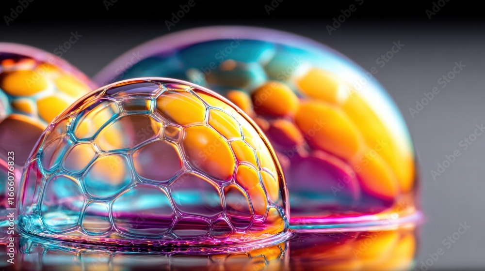 Aufkleber intricate soap bubbles with vibrant colors and cell-like patterns reflect light.