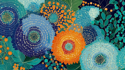 한국 전통 꽃 장식에서 영감을 받은 반추상적 꽃무늬 배경-Semi-abstract floral background inspired by traditional Korean floral decorations