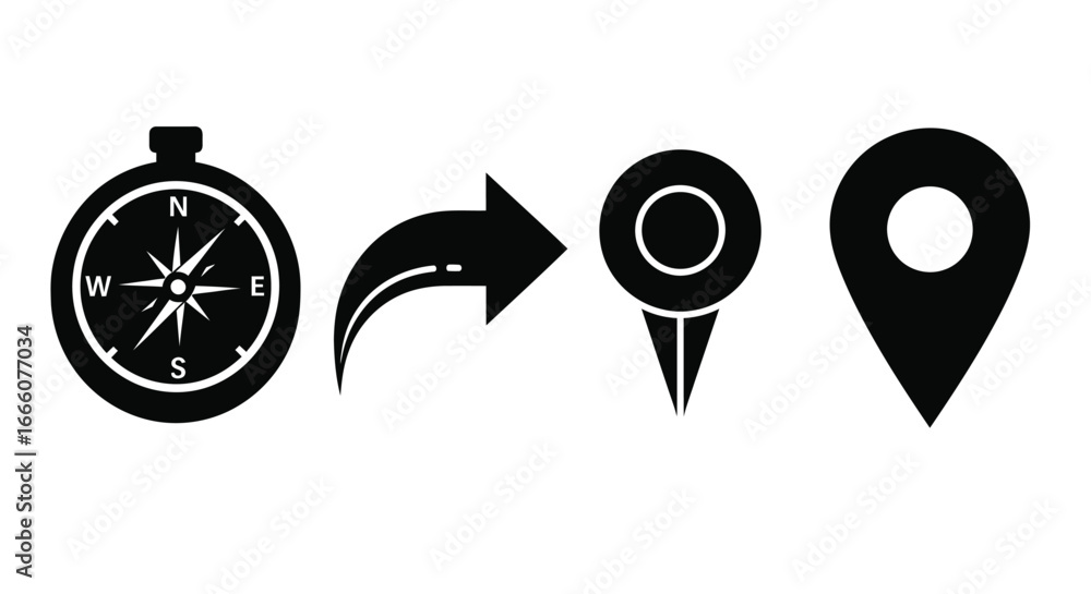 Poster navigate your journey find your destination with this directional compass and location pin icon set