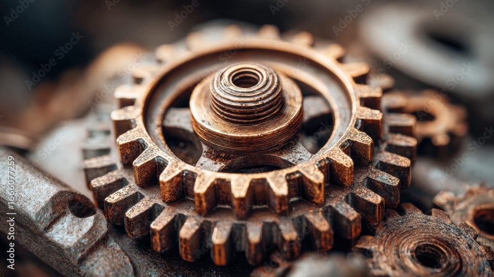 Aufkleber detailed view of interlocking gears in a complex mechanical assembly with aged textures and a vintag