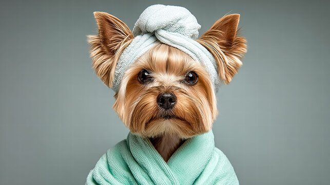 A pampered Yorkshire Terrier enjoys a spa day, looking cute and relaxed.
