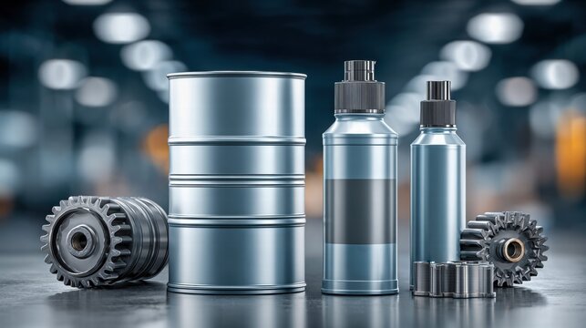 Industrial gears, containers, and bottles are displayed on a reflective surface, ideal for mechanical design.