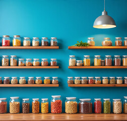 Modern Grocery Store Interior with Glass Jars of Legumes and Nuts