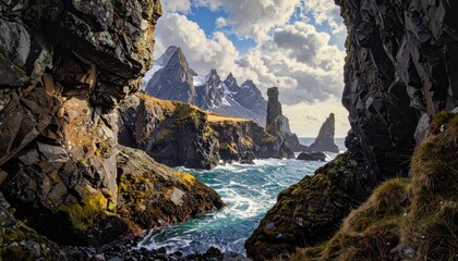 Obraz premium Rocky Coastline with Sea Stacks and Mountains