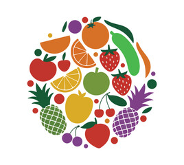 Graphic Design Illustration Featuring Dense Silhouette Pattern Of Fruits And Vegetables Central Cluster With Vibrant Oranges Plums Grapes And Greens
