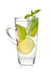 Glass cup of fresh Mojito cocktail with mint on white background