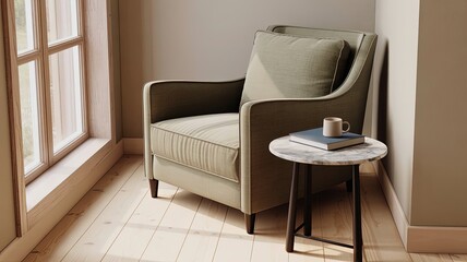 Cozy Interior Corner: An inviting armchair sits beside a window, creating a serene atmosphere. A small side table holds a book and a cup, ready for relaxation.