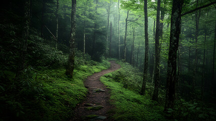 A trail in the Great Smoky Mountains with ancient trees. A forest landscape background illustration.
