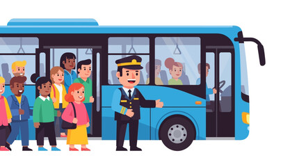 Friendly Bus Driver Welcoming Diverse Passengers Boarding Blue Public Transport Vehicle